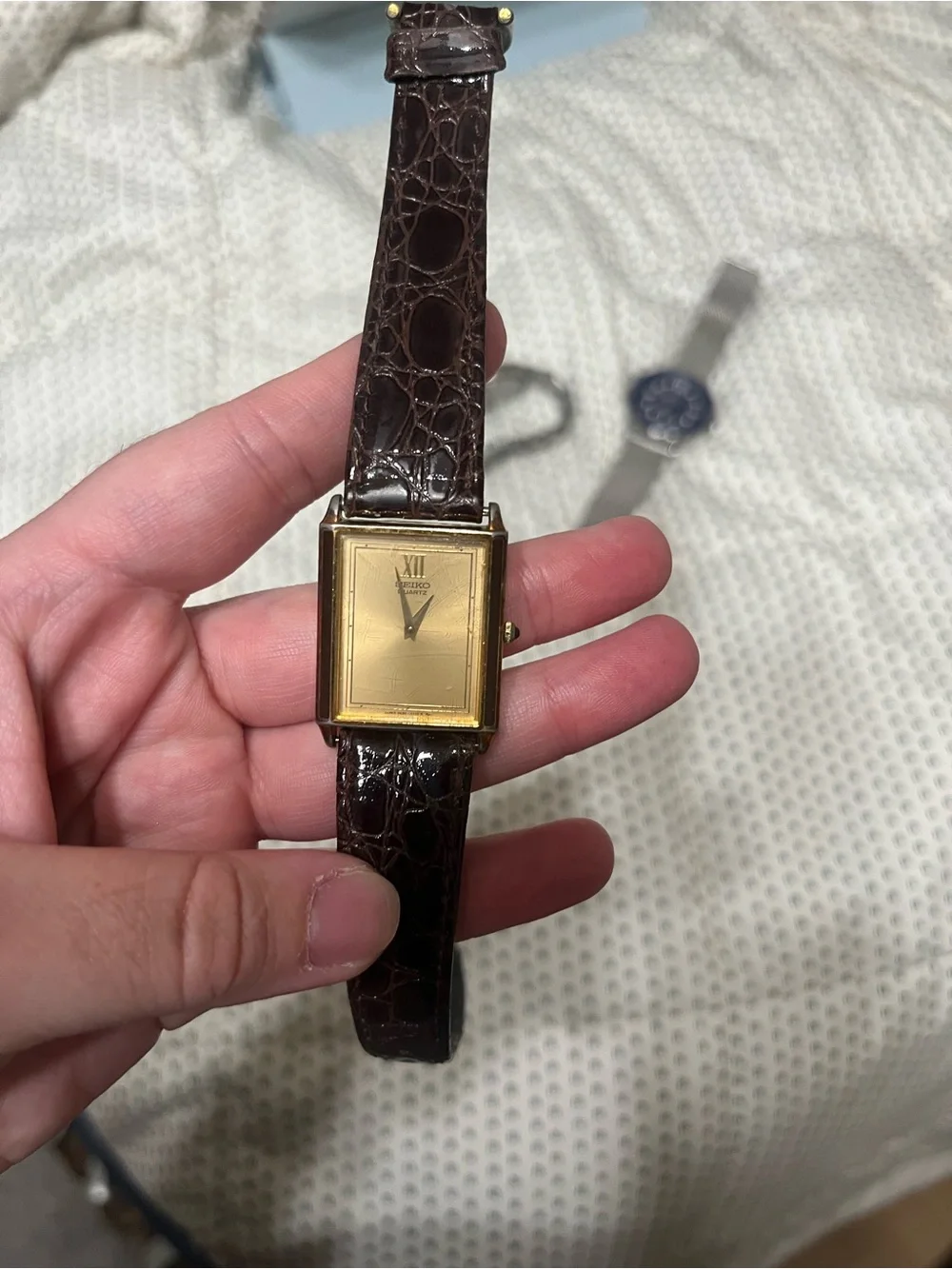 Seiko Tank Watch Unisex Gold Dial Brown Leather Strap Watch